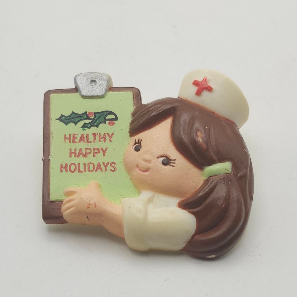 Vintage Enesco Nurse‎ Xmas Brooch Healthy Happy Holidays Clipboard Figural Pin